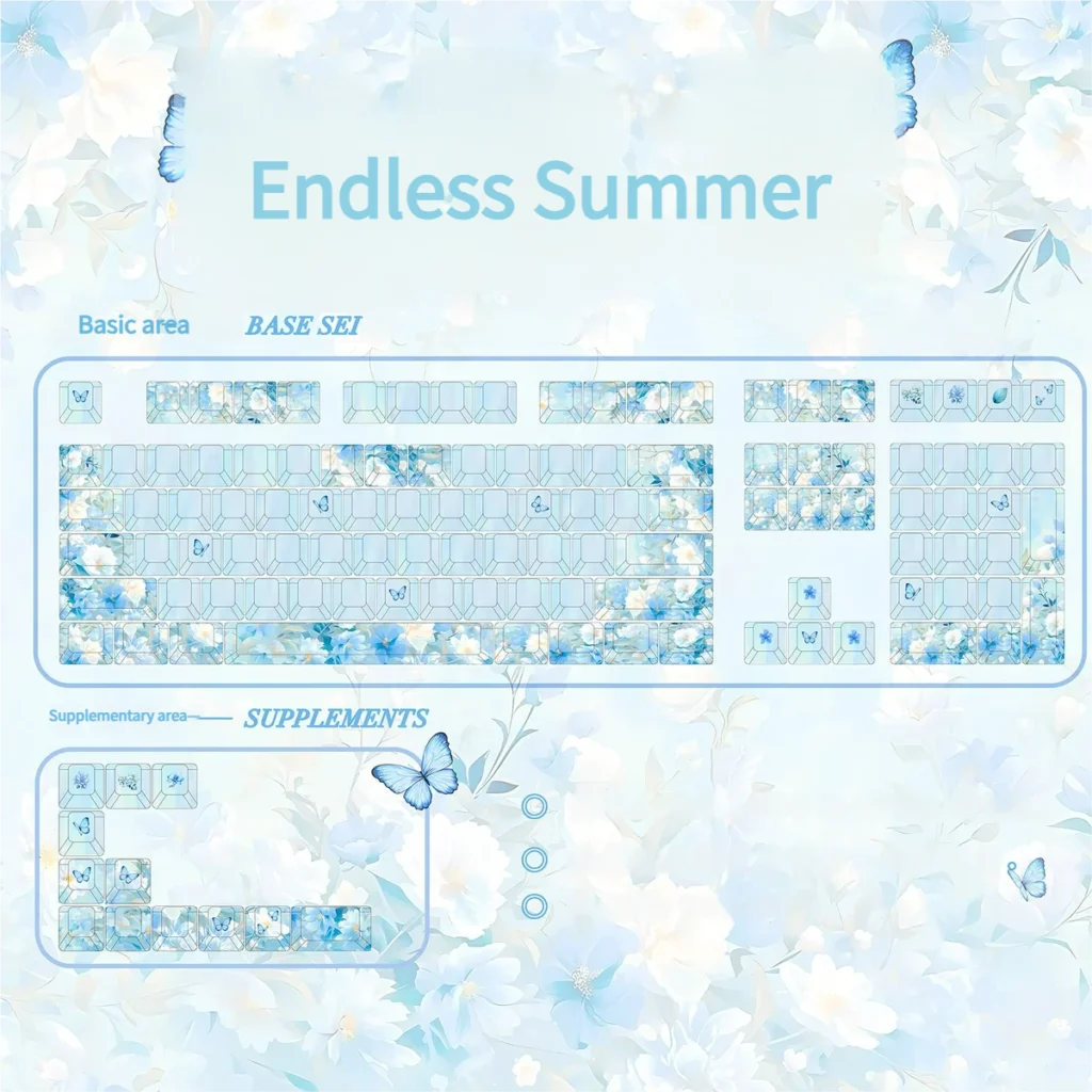 Cherry profile Endless Summer keycaps set, side-lit and blank, featuring durable PBT in soft pastel blues and greens, capturing a serene, sun-drenched summer inspired.