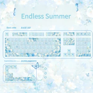 Cherry profile Endless Summer keycaps set, side-lit and blank, featuring durable PBT in soft pastel blues and greens, capturing a serene, sun-drenched summer inspired.