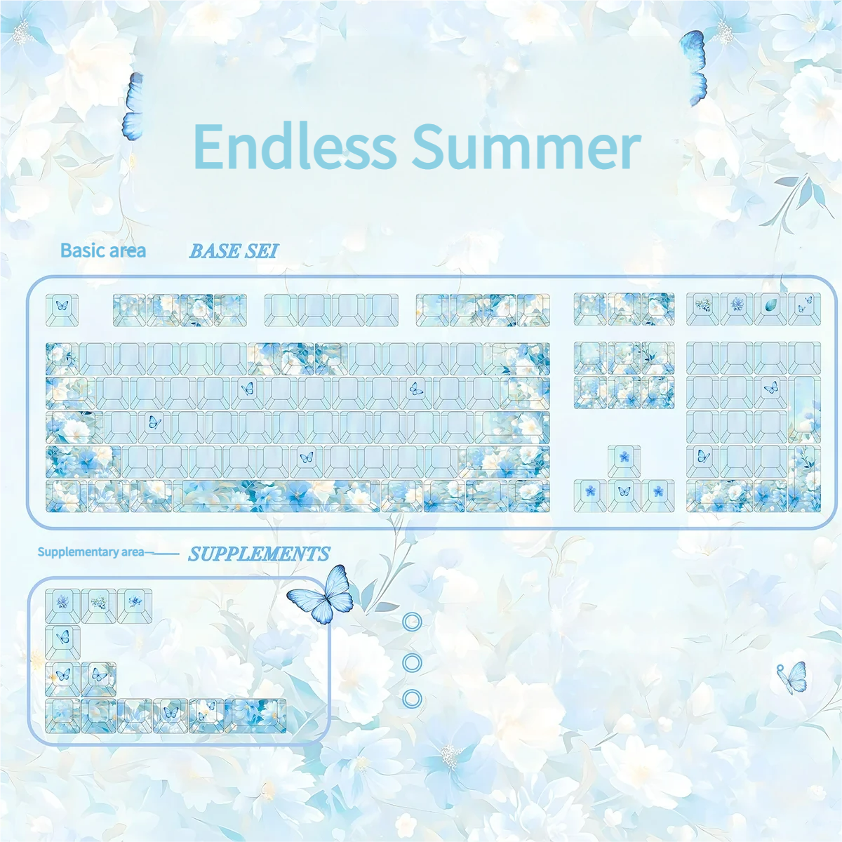 Cherry profile Endless Summer keycaps set, side-lit and blank, featuring durable PBT in soft pastel blues and greens, capturing a serene, sun-drenched summer inspired.