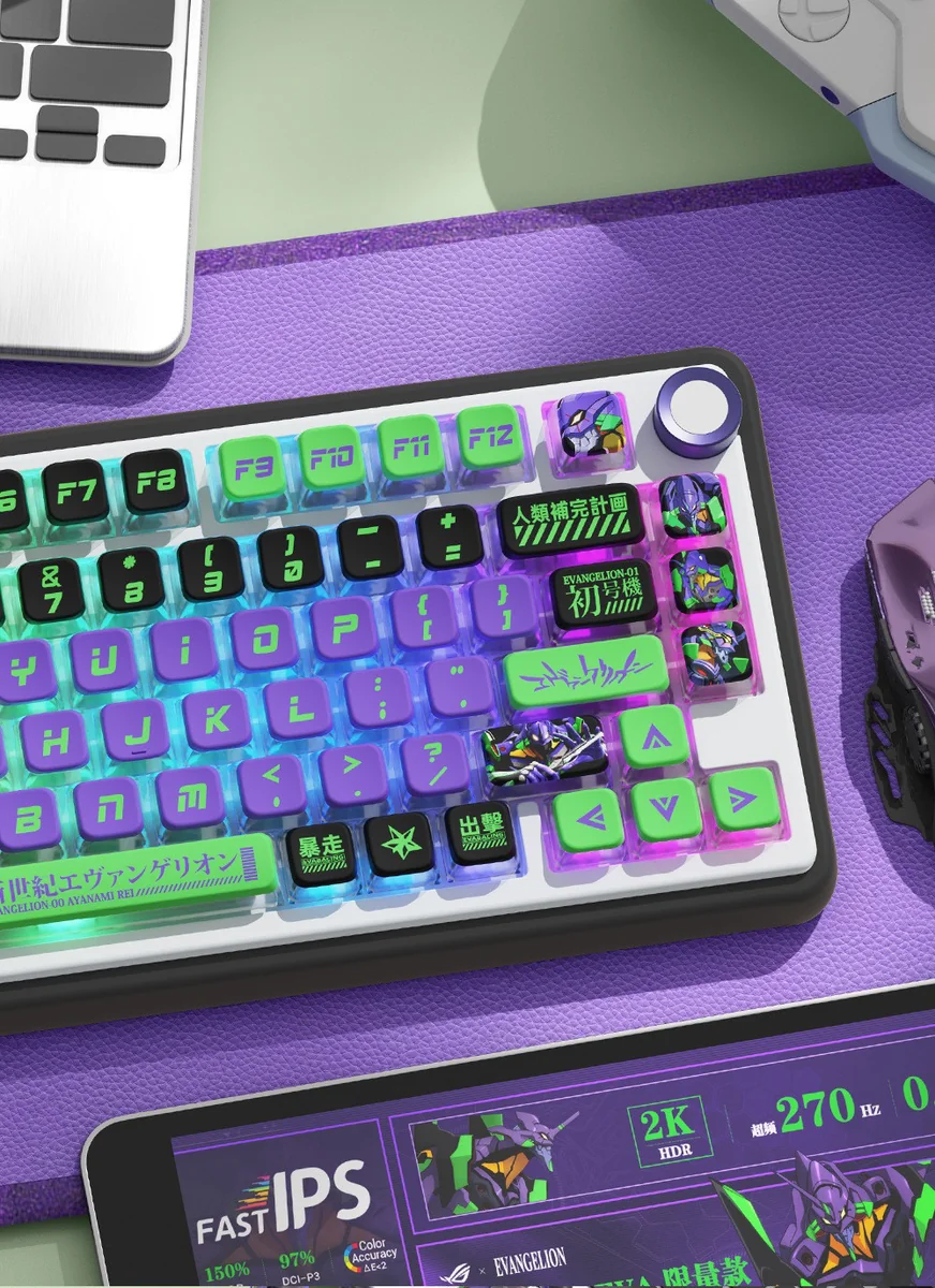 Iconic Evangelion Unit-01 PBT translucent keycaps set, vividly displaying mecha aesthetic and vibrant anime colors. Four-sided translucency highlighted design.