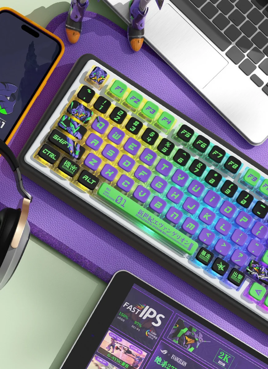 An artistic detail shot of the Evangelion Unit-01 PBT translucent keycaps set, highlighting their iconic mecha design and unique four-sided translucent design.