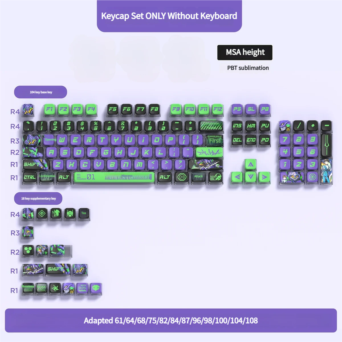 Evangelion Unit-01 122-key PBT keycaps set, showcasing iconic purple and green details with artistic four-sided translucency for a unique mecha aesthetics.