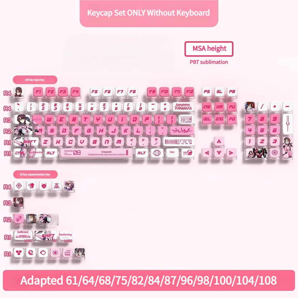 Evangelion Unit-08 PBT translucent keycaps set, featuring vibrant pink and purple anime colors with a distinctive mecha aesthetic.