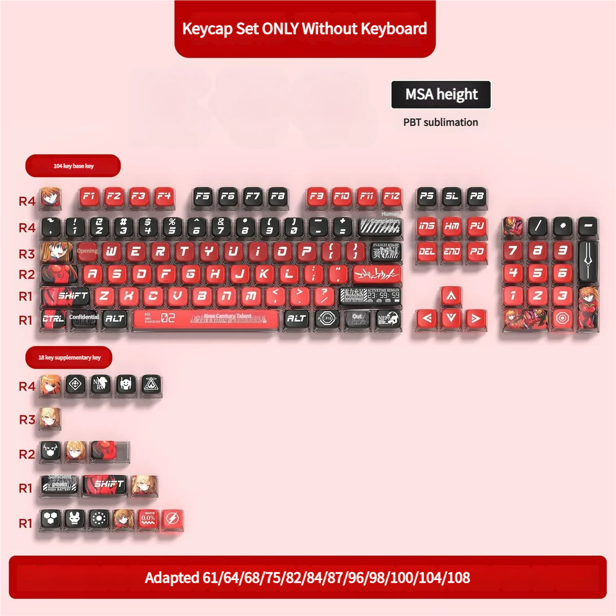 Evangelion Unit-02 PBT translucent keycaps set featuring vibrant red and orange colors, showcasing the iconic anime mecha aesthetic with four-sided translucency.