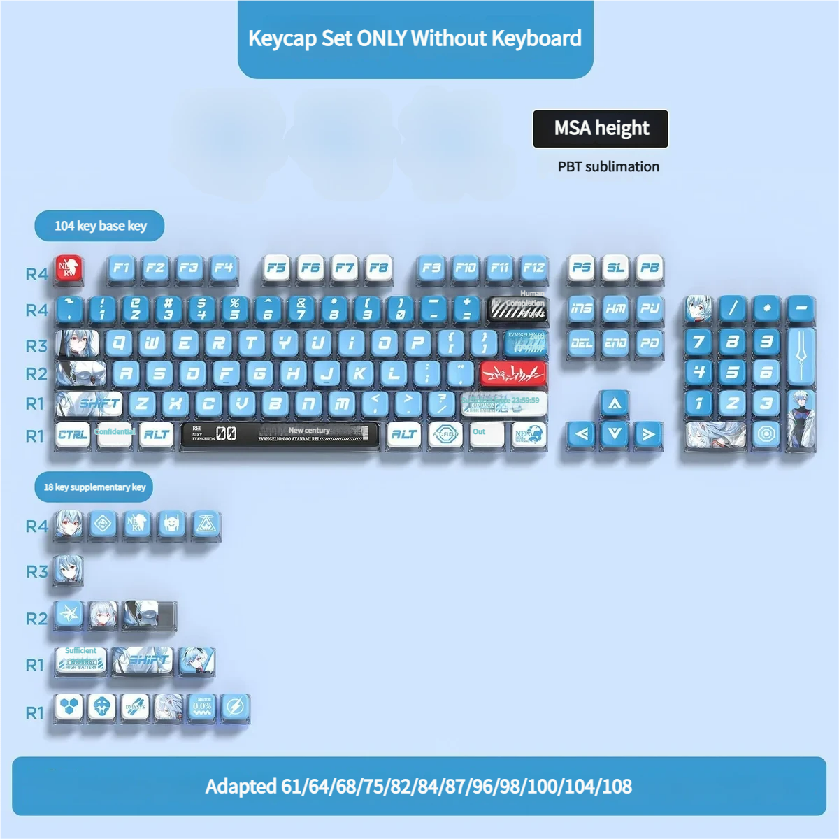 Iconic Evangelion Unit-00 PBT translucent keycaps set, featuring 122 keys in vibrant yellow and orange with a unique four-sided glow.