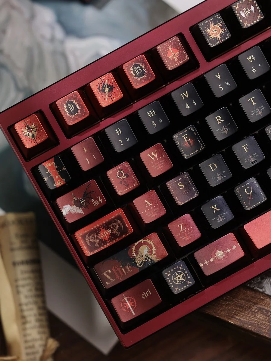 Detailed angled view of the handcrafted Fallen Starlight Lucifer artisan keycap set, revealing its dark celestial design and impressive metallic luster.