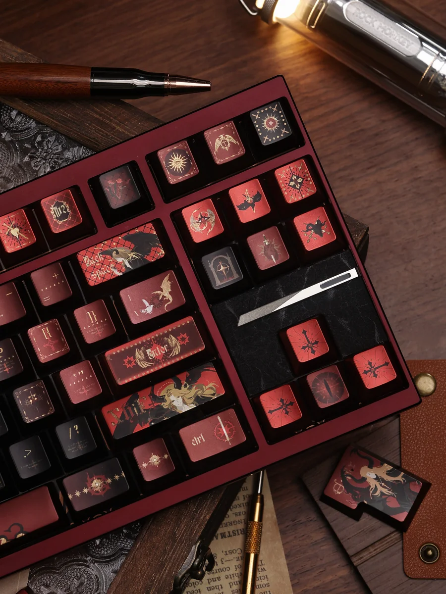 Handcrafted Fallen Starlight Lucifer artisan keycap set from a different angle, showcasing its dark celestial metallic luster and dramatic fallen angelic design.