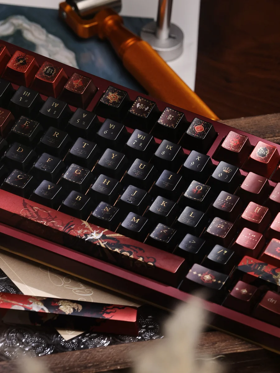 Close-up of Fallen Starlight Lucifer artisan keycap set from multiple angles, showcasing its handcrafted dark celestial design and metallic luster.