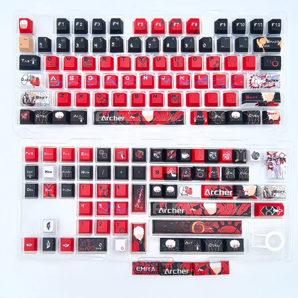 Gallery views of the exclusive Fate/Stay Night Red Archer keycap set, showcasing iconic anime art and heroic red and black stylized detail from various angles.