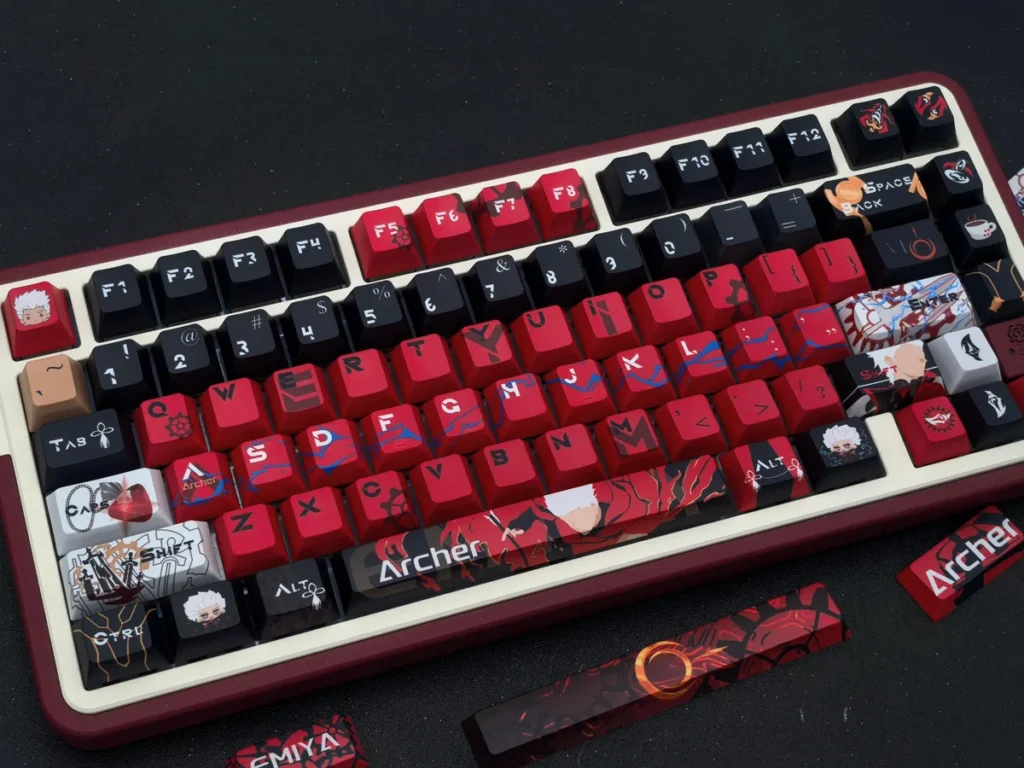 Exclusive Fate/Stay Night Red Archer keycap set, a premium piece showcasing iconic heroic anime art in striking red and black.