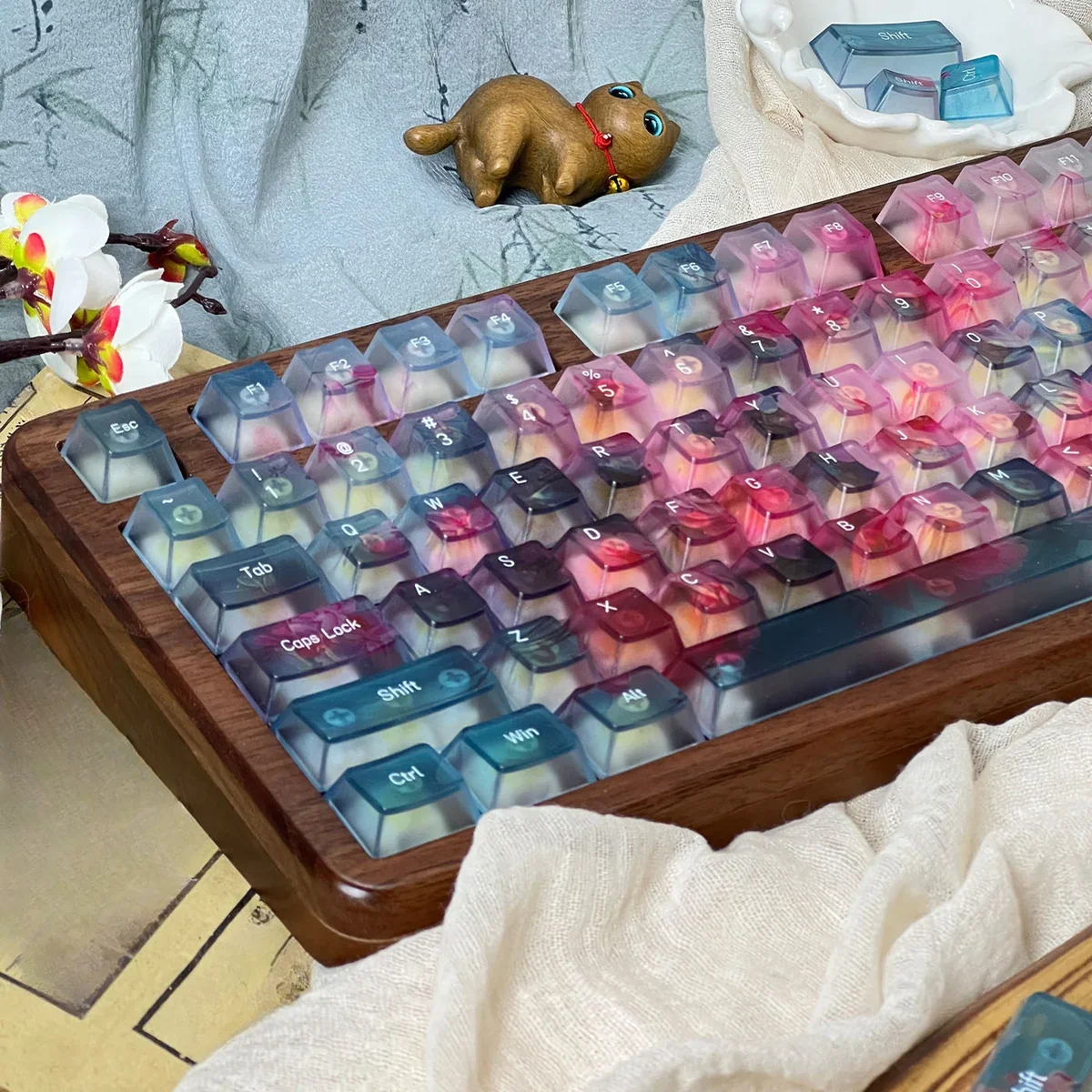 Ethereal Floating Flower Gradient PC Keycap Set. Translucent PC, delicate floating flower designs, soft gradient colors seen from multiple angles.