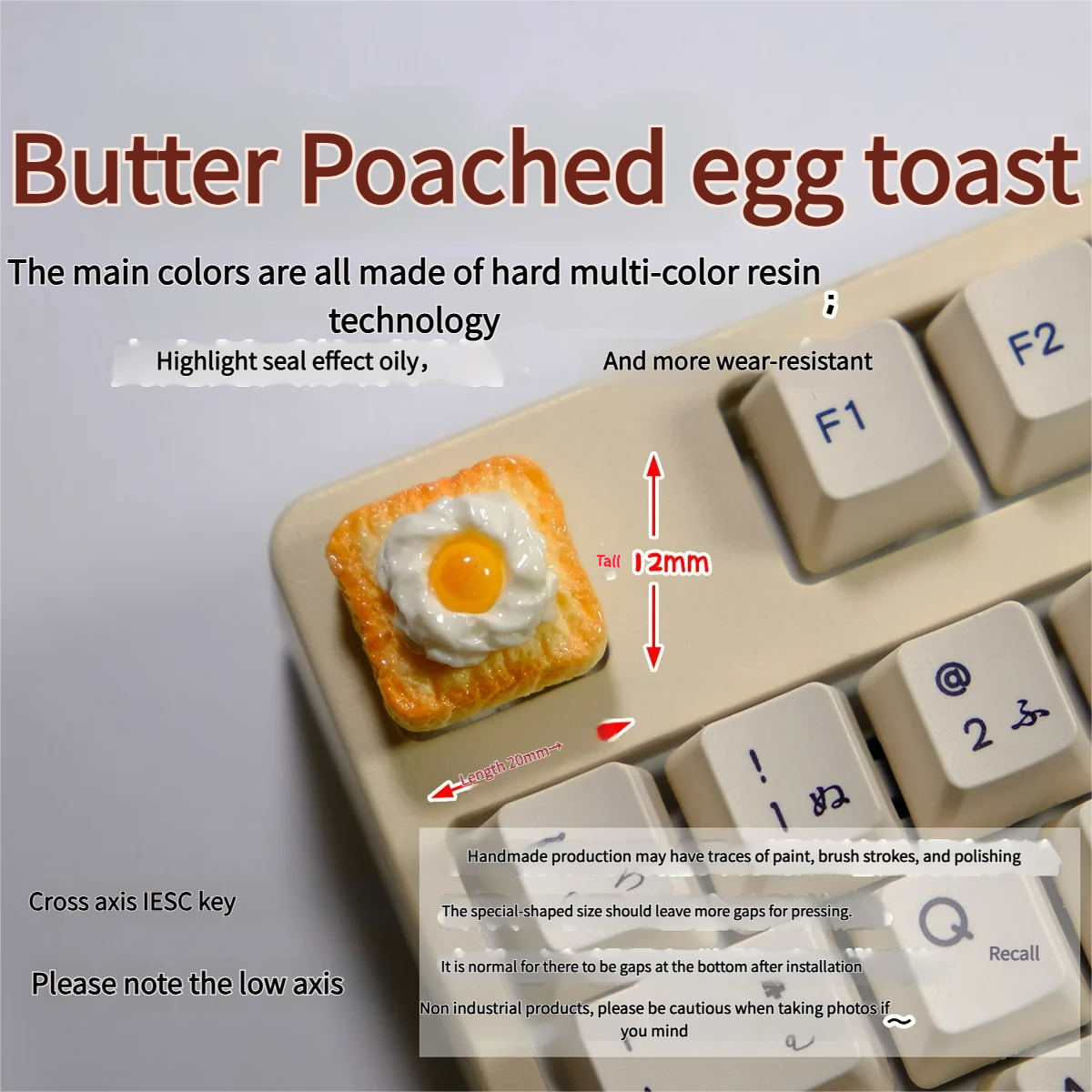 Playful artisan keycap featuring a handcrafted 3D creamy fried egg on golden toast, a whimsical miniature design.