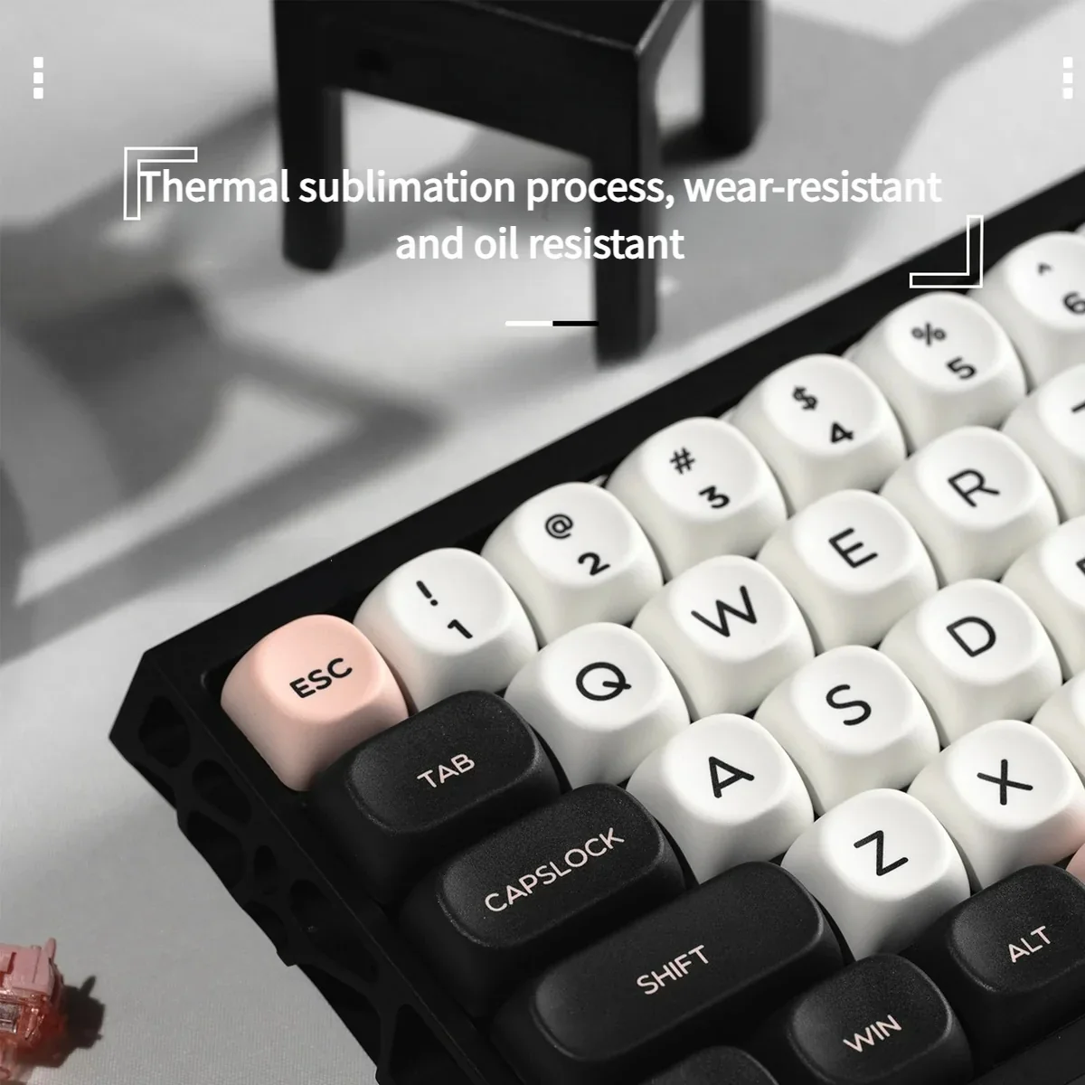 Stunning galaxy keycaps set in an ergonomic MOA profile PBT set, featuring intricate monochrome cosmic patterns and abstract stellar art from various angles.