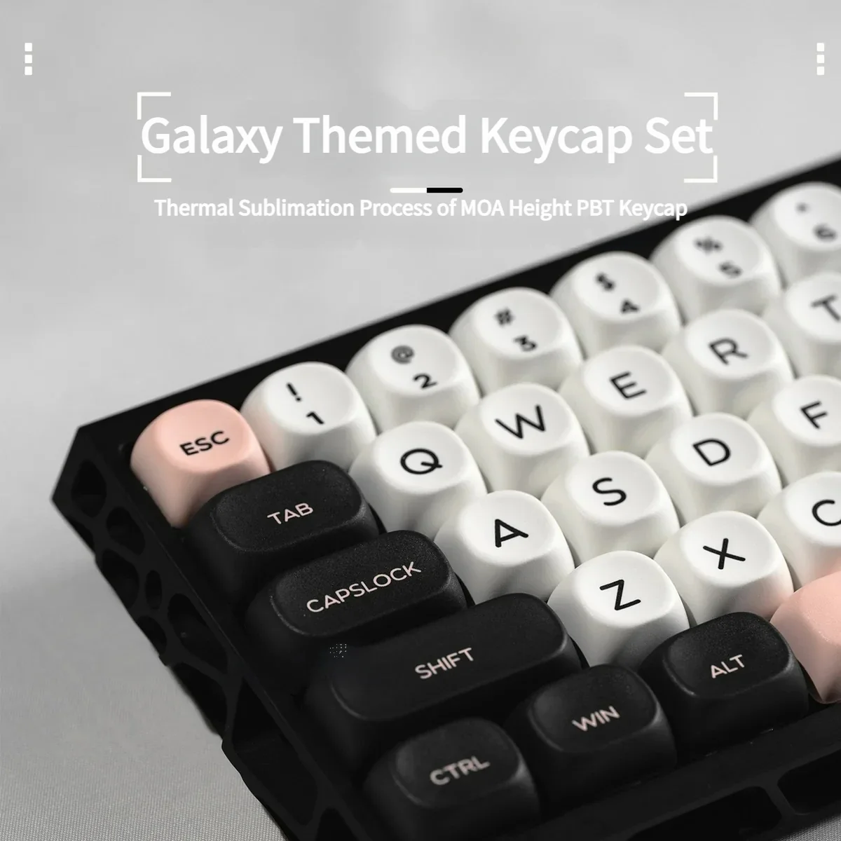 Multiple views of Galaxy Keycaps Set, highlighting the stunning monochrome cosmic patterns and ergonomic MOA profile. A premium PBT set for discerning use.