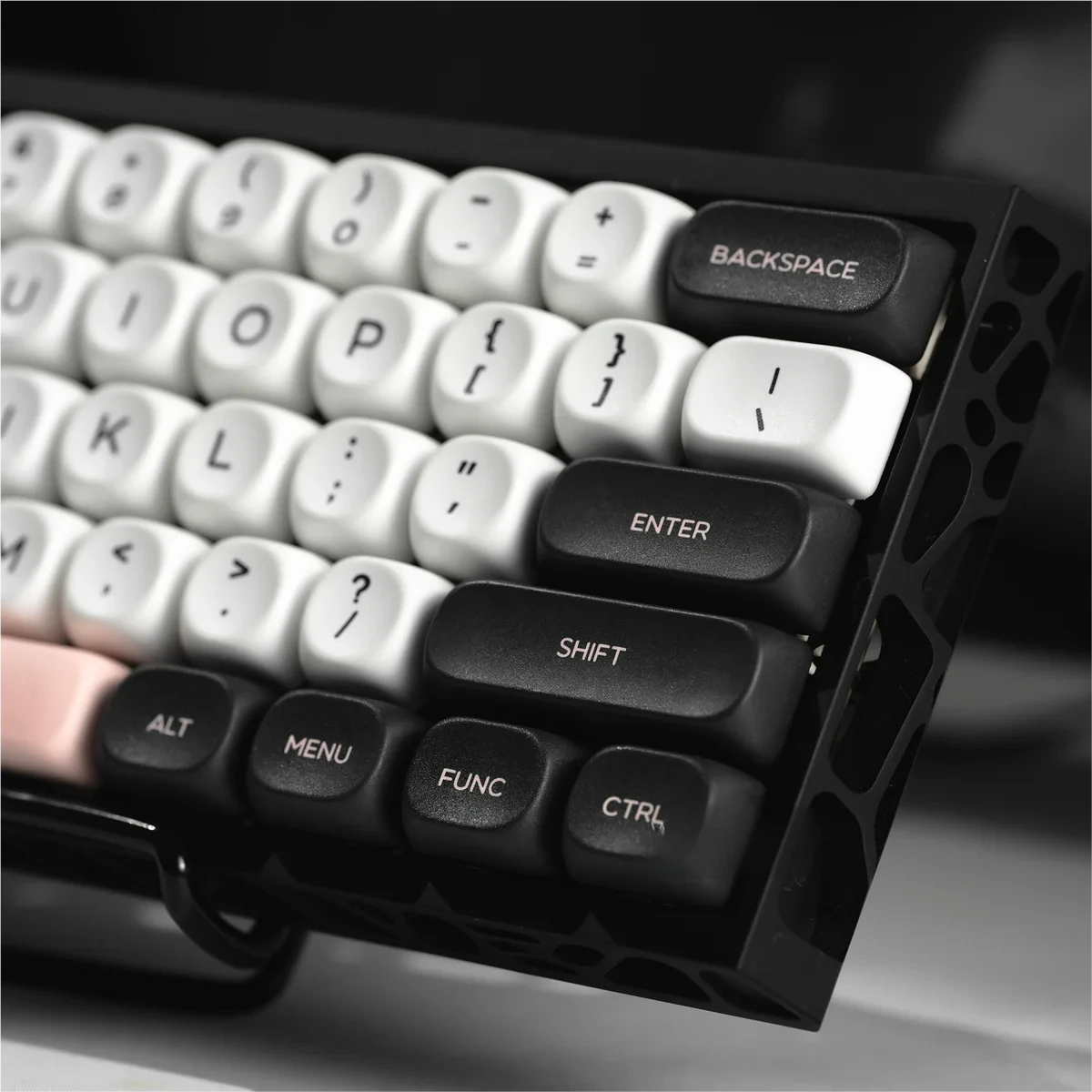 Artistic gallery of Galaxy Keycaps Set, showcasing intricate monochrome cosmic patterns and ergonomic MOA profile from diverse angles.