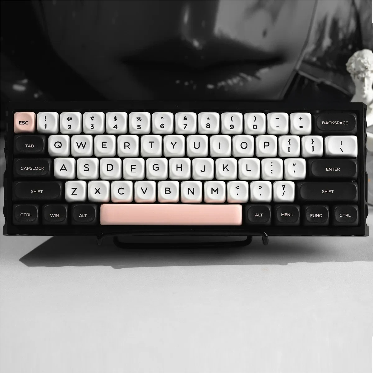 Close-up view of Galaxy Keycaps set, showcasing stunning monochrome cosmic patterns and ergonomic MOA profile from a distinct angle.