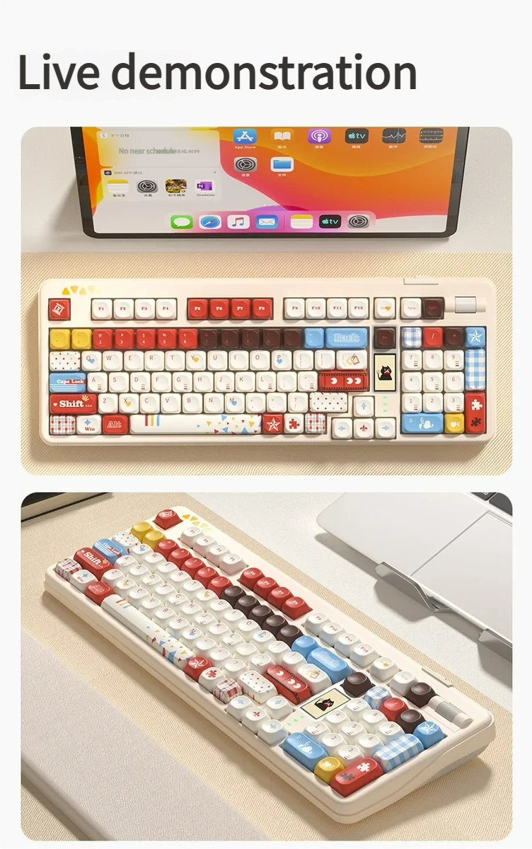 Multiple views of the Super Player gaming keycap set, displaying its vibrant retro aesthetic with playful pixel design. art and bold primary colors.
