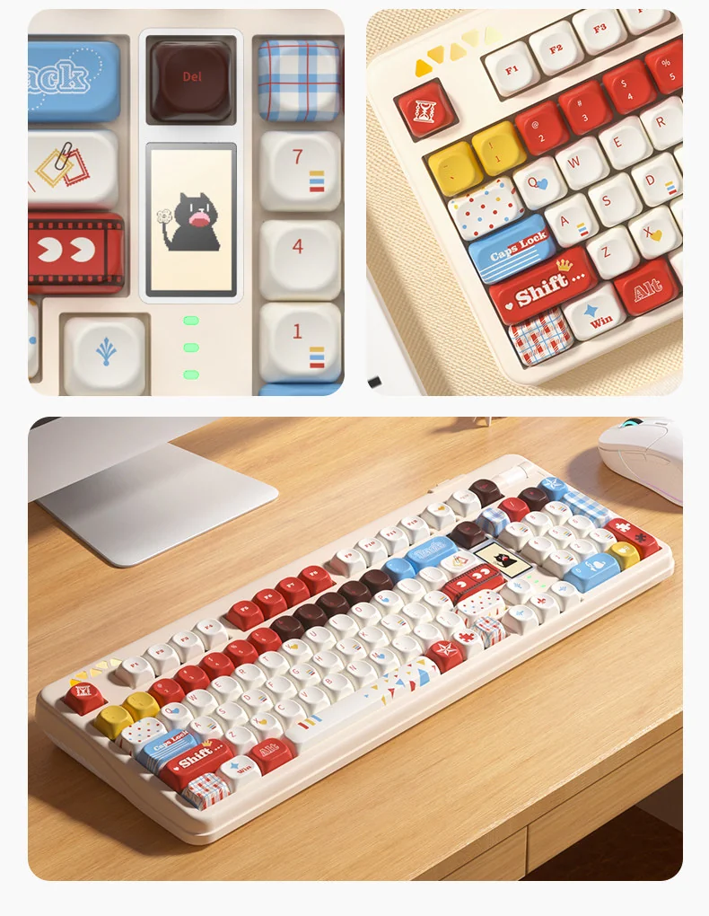 Multiple views of the Super Player gaming keycap set, displaying its vibrant retro aesthetic with playful pixel design. art and bold primary colors.
