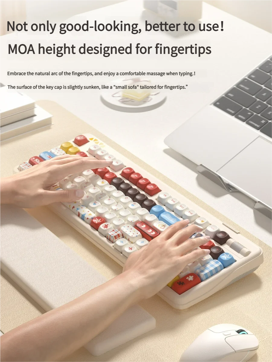 Multiple views of the Super Player gaming keycap set, displaying its vibrant retro aesthetic with playful pixel design. art and bold primary colors.