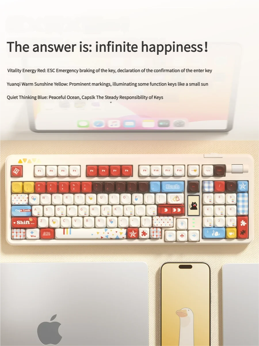 Super Player retro gaming keycap set, playfully displayed from various angles. Features vibrant primary colors and bold pixel art for a nostalgic gaming art.