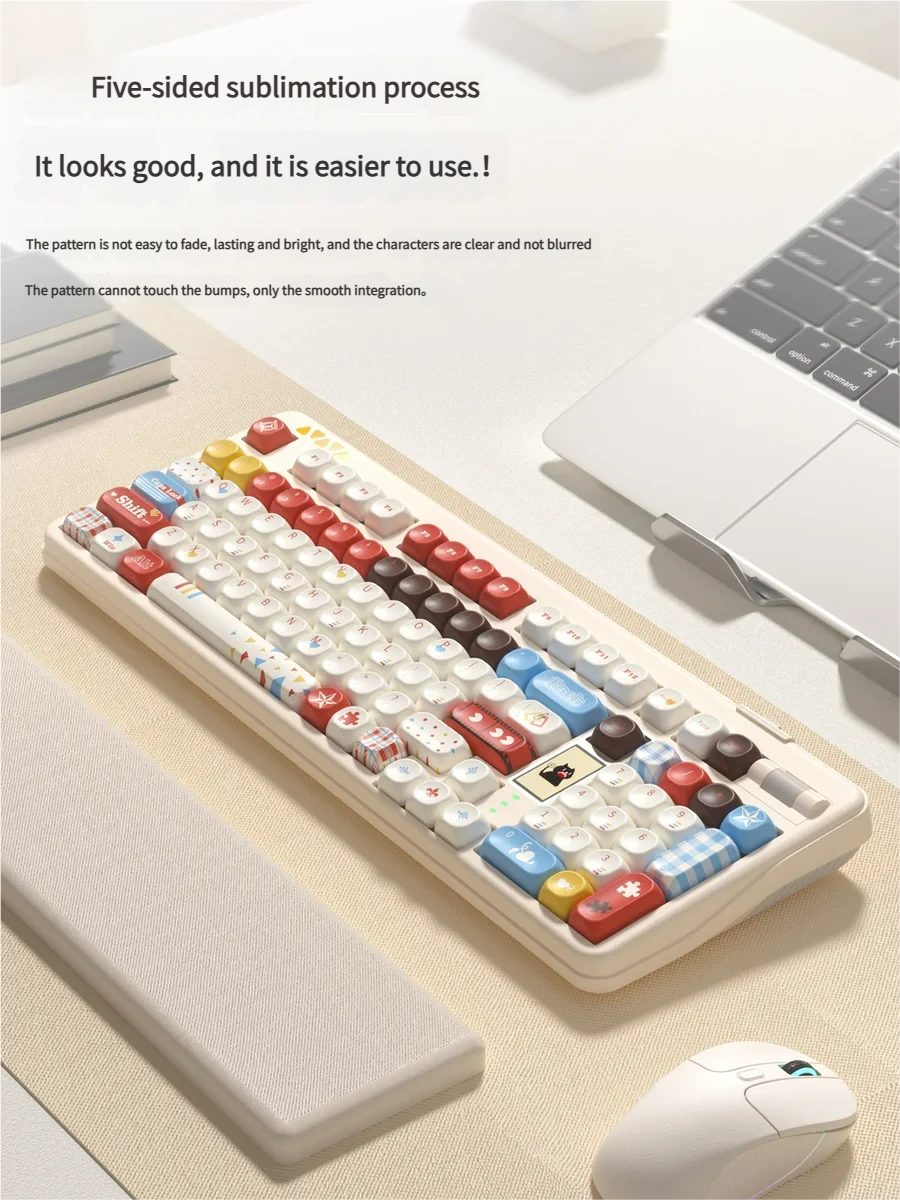 Multiple angles of the vibrant Super Player retro gaming keycap set, highlighting its playful pixel art and bold primary colors aesthetic.