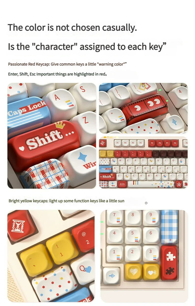 A playful collection of Super Player retro gaming keycaps set, featuring bold primary colors and pixel art, shown from multiple perspectives.