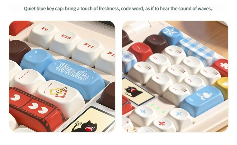 Multiple angles of the vibrant Super Player retro gaming keycap set, highlighting its playful pixel art and bold primary colors aesthetic.