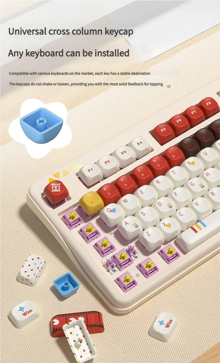 A playful collection of Super Player retro gaming keycaps set, featuring bold primary colors and pixel art, shown from multiple perspectives.