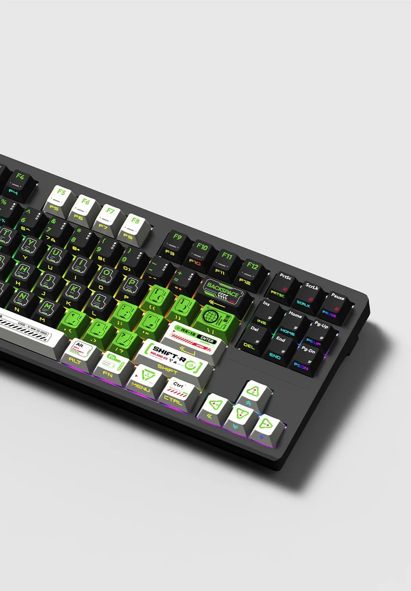 Phantom Mecha side-lit PBT gaming keycaps set, showcasing their stealthy glow and sleek, futuristic design for immersive play.