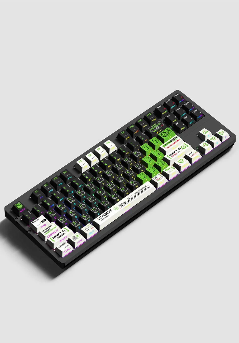 Phantom Mecha side-lit PBT gaming keycaps set viewed from multiple angles, highlighting their sleek, futuristic design and tactical illuminated legends.