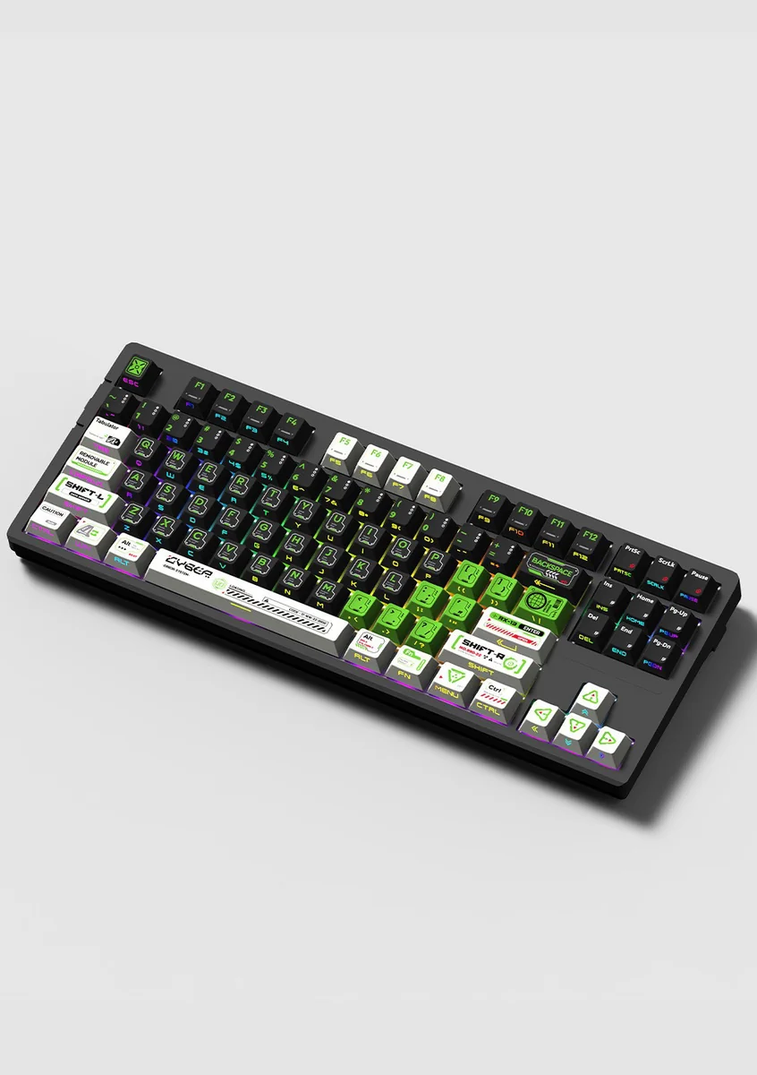 Phantom Mecha side-lit PBT gaming keycaps set displayed from multiple angles, highlighting their sleek, tactical design and stealthy illumination.