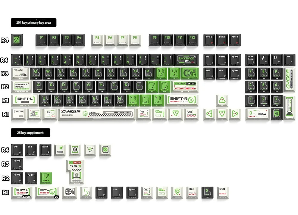 An angled view of the Phantom Mecha side-lit PBT gaming keycaps set, emphasizing the stealthy legends and premium mecha aesthetic for gamers.