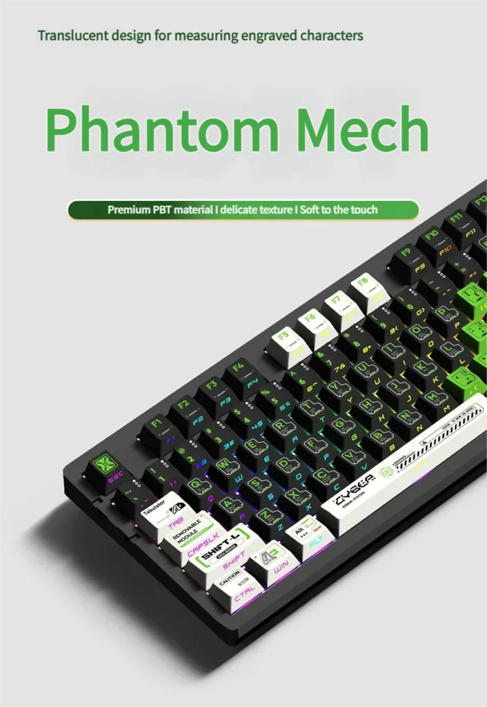 Premium Phantom Mecha PBT gaming keycaps set, featuring stealthy side-lit legends for an immersive and futuristic tactical gaming setup.