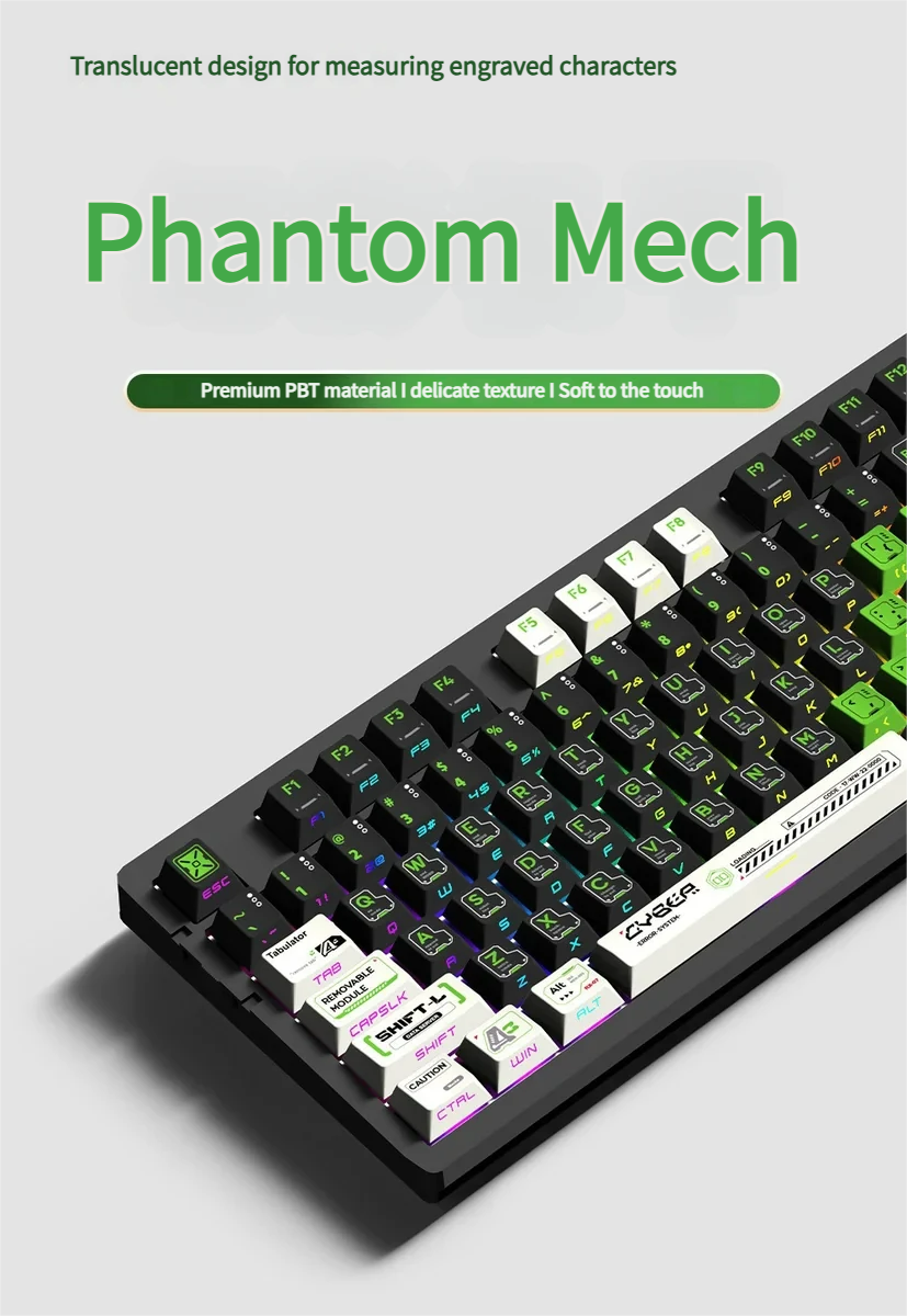 Premium Phantom Mecha PBT gaming keycaps set, featuring stealthy side-lit legends for an immersive and futuristic tactical gaming setup.