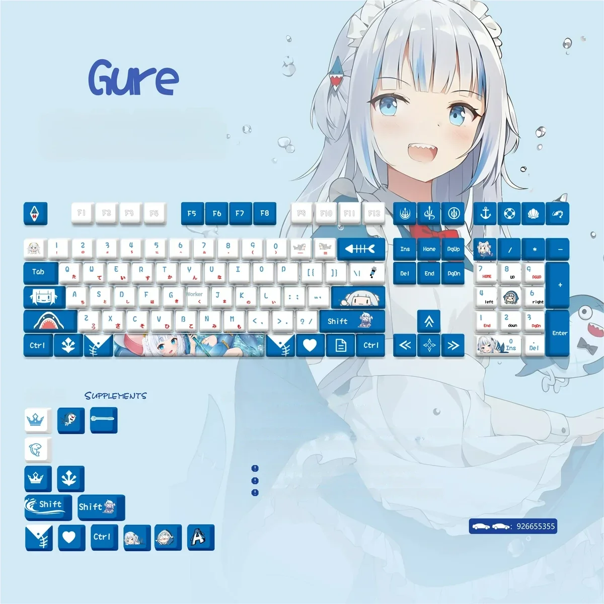 Gawr Gura PBT keycaps set gallery showing vibrant Hololive shark-themed designs in oceanic blues from various angles, featuring dye-sublimation quality.