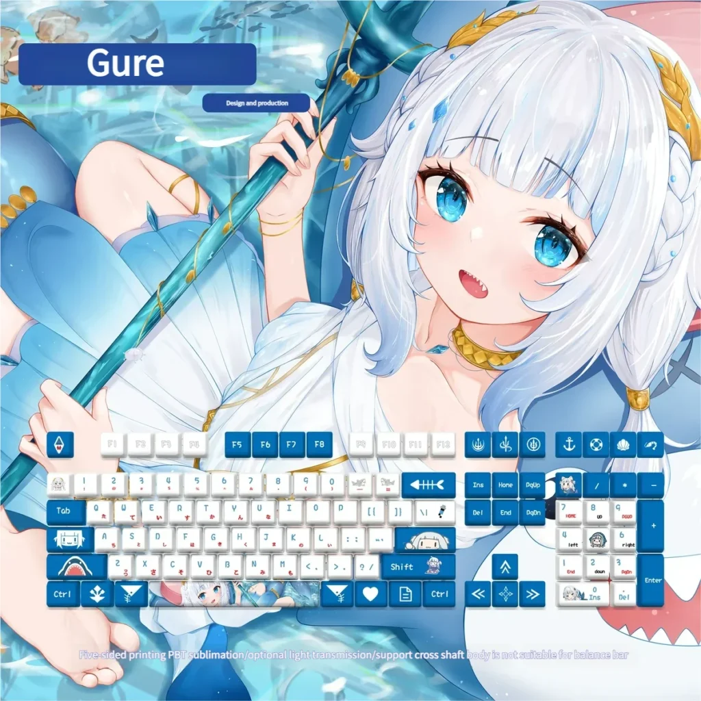 Vibrant Gawr Gura PBT keycaps set, showcasing cute Hololive shark designs in oceanic blues. Premium dye-sublimation for lasting fun.