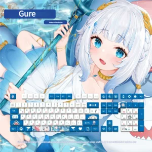 Vibrant Gawr Gura PBT keycaps set, showcasing cute Hololive shark designs in oceanic blues. Premium dye-sublimation for lasting fun.