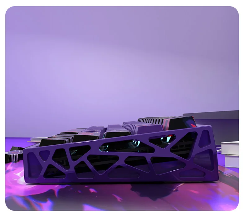 A gallery showcasing Gengar pearlescent PBT keycaps set for magnetic switches, highlighting their shimmering, high-gloss metallic finish from various angles.