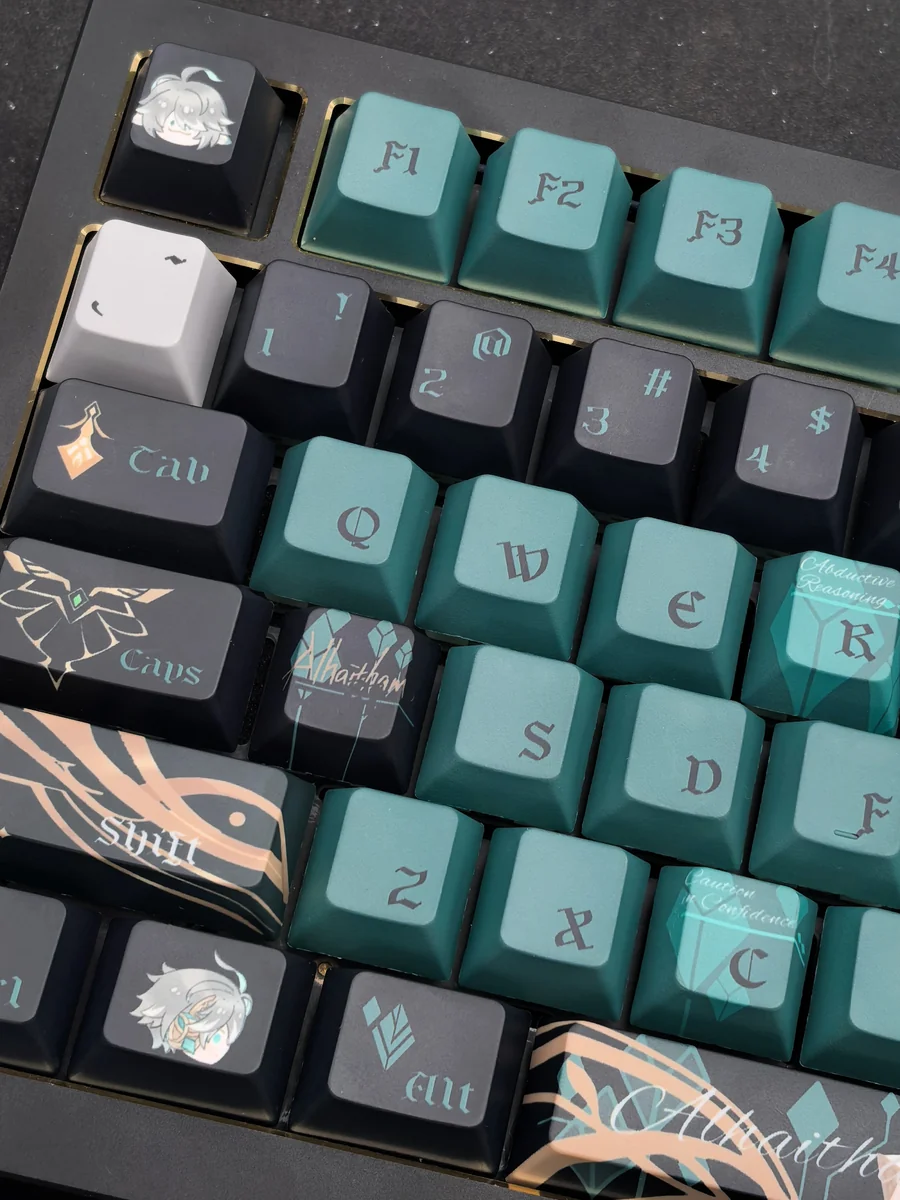 Premium Alhaitham Genshin keycaps set, shown from multiple angles, featuring elegant green and gold Dendro scholar designs and intricate detailing.