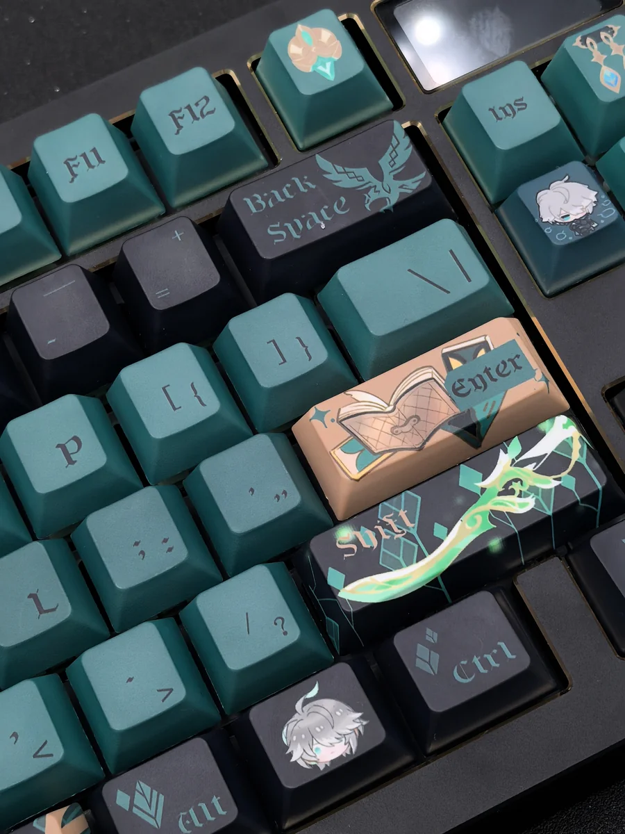 Premium Genshin Alhaitham keycaps set, showcasing intricate green and gold Dendro scholar accents from multiple angles.
