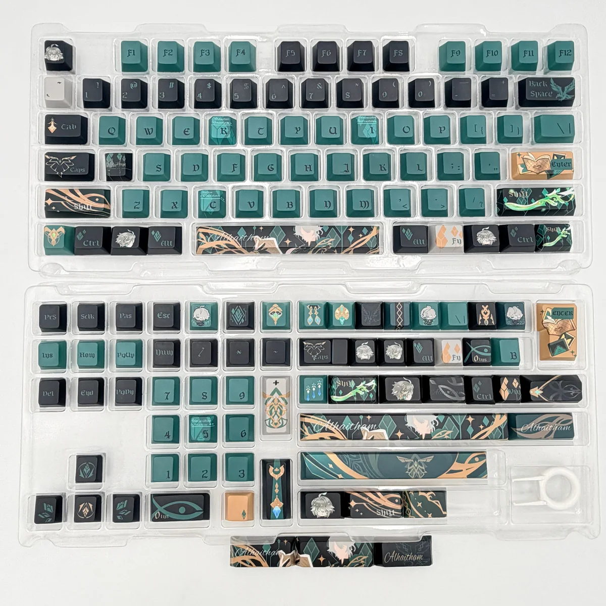 Premium Genshin Alhaitham's Wisdom keycap set displayed from multiple angles, showcasing elegant green and gold Dendro scholar details.