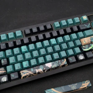 Premium Genshin Alhaitham Keycaps set displaying elegant green and gold Dendro scholar designs, perfect for Genshin Impact fans.