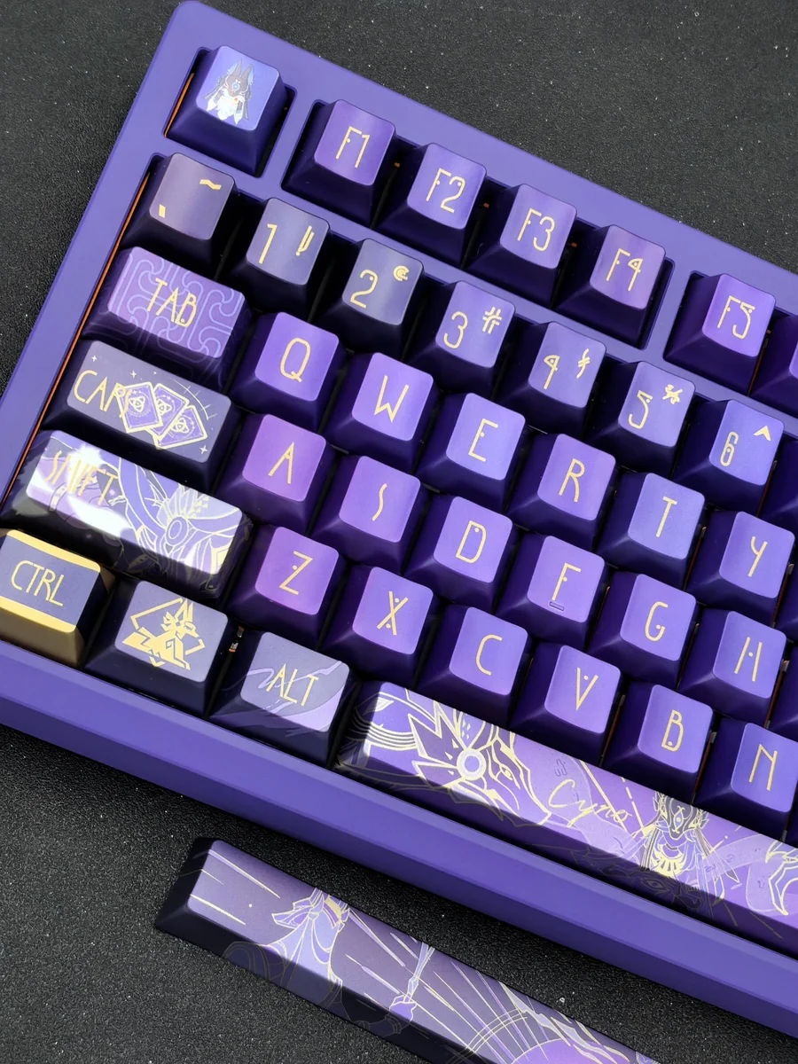 Exclusive handcrafted Genshin Cyno metallic coating keycap set. Multiple angles reveal intricate details, a striking metallic finish, and Cyno's iconic aesthetic.