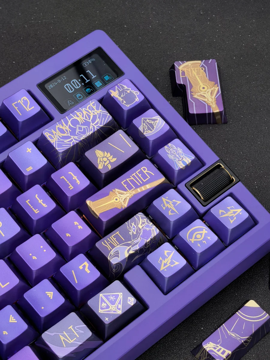 Multiple views of the exclusive handcrafted Genshin Cyno metallic coating keycap set, revealing its intricate details, premium finish, and iconic artistic aesthetics.