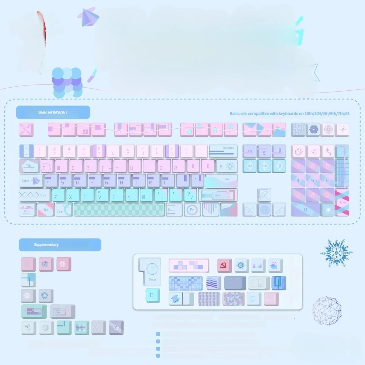 Serene pink-blue PBT geometric gradient keycaps set displayed from multiple artistic angles, highlighting their vibrant dye-sublimated patterns and modern.