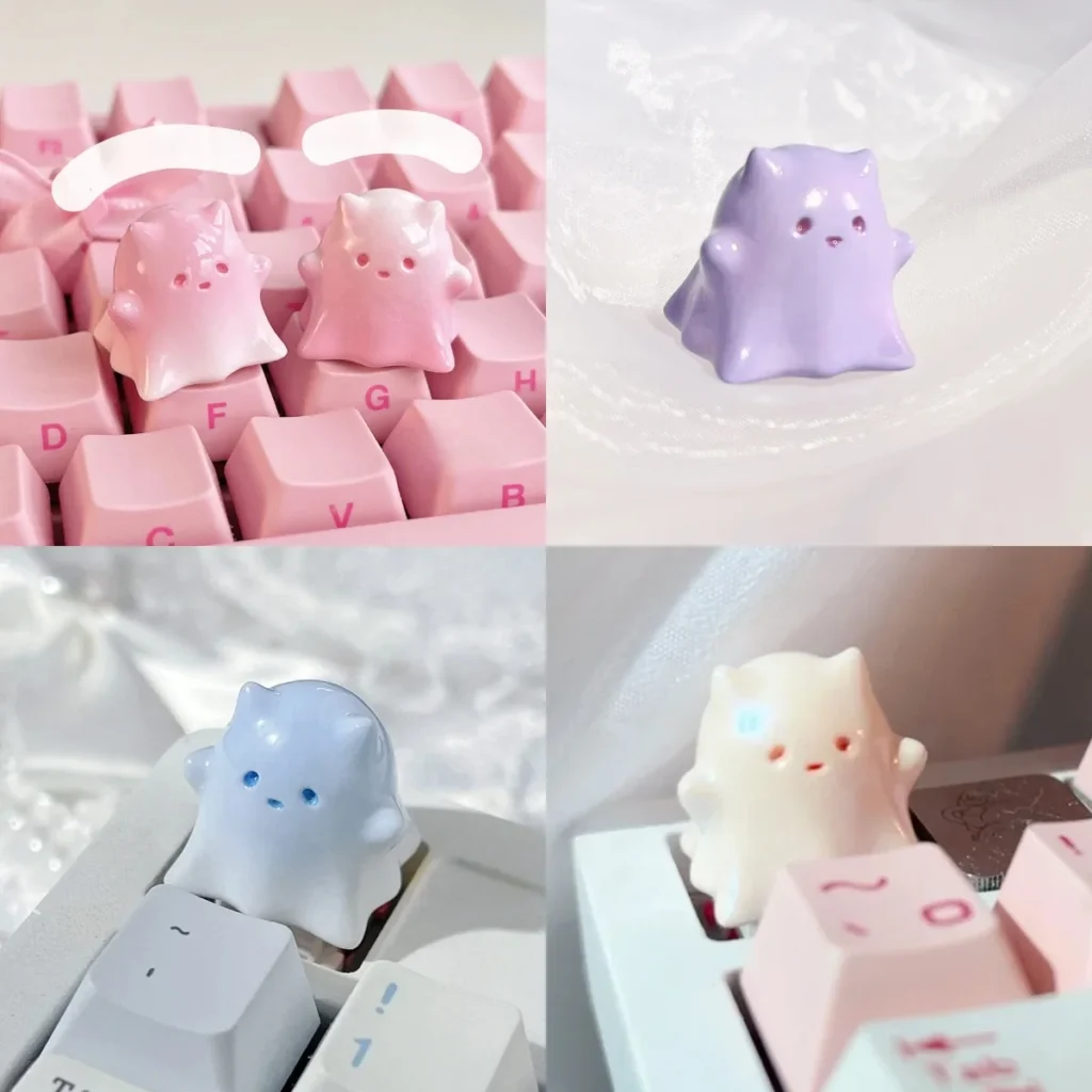 Whimsical Ghost Cat Keycap, a unique hand-painted translucent resin art piece featuring an ethereal ghost cat with soft pastel gradients.