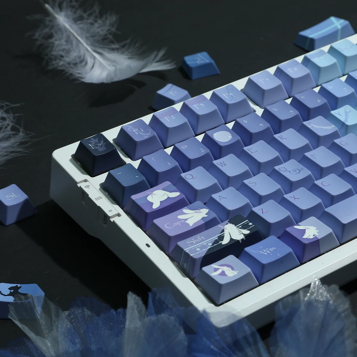 Close-up of Ghost Cat Moon Rabbit PBT keycaps set revealing the enchanting mystical black and purple lunar cat and rabbit anime-inspired artistry.