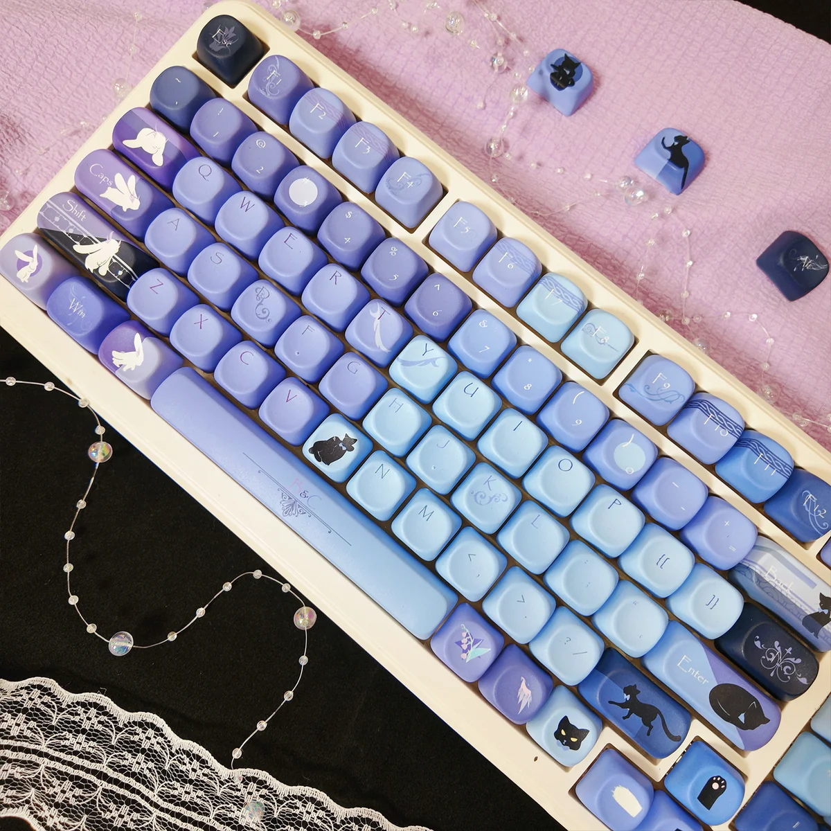 Detailed views of enchanting Ghost Cat Moon Rabbit PBT keycaps Set, highlighting the mystical black and purple lunar design and anime artistry from various angles.