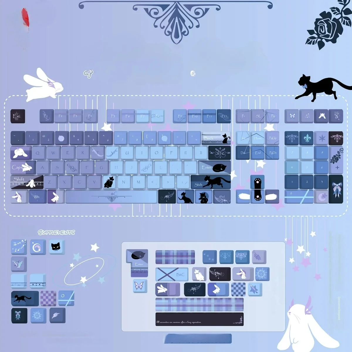 Opaque small full set of Ghost Cat Moon Rabbit PBT keycaps set, featuring enchanting mystical black and purple lunar cat and rabbit anime art.