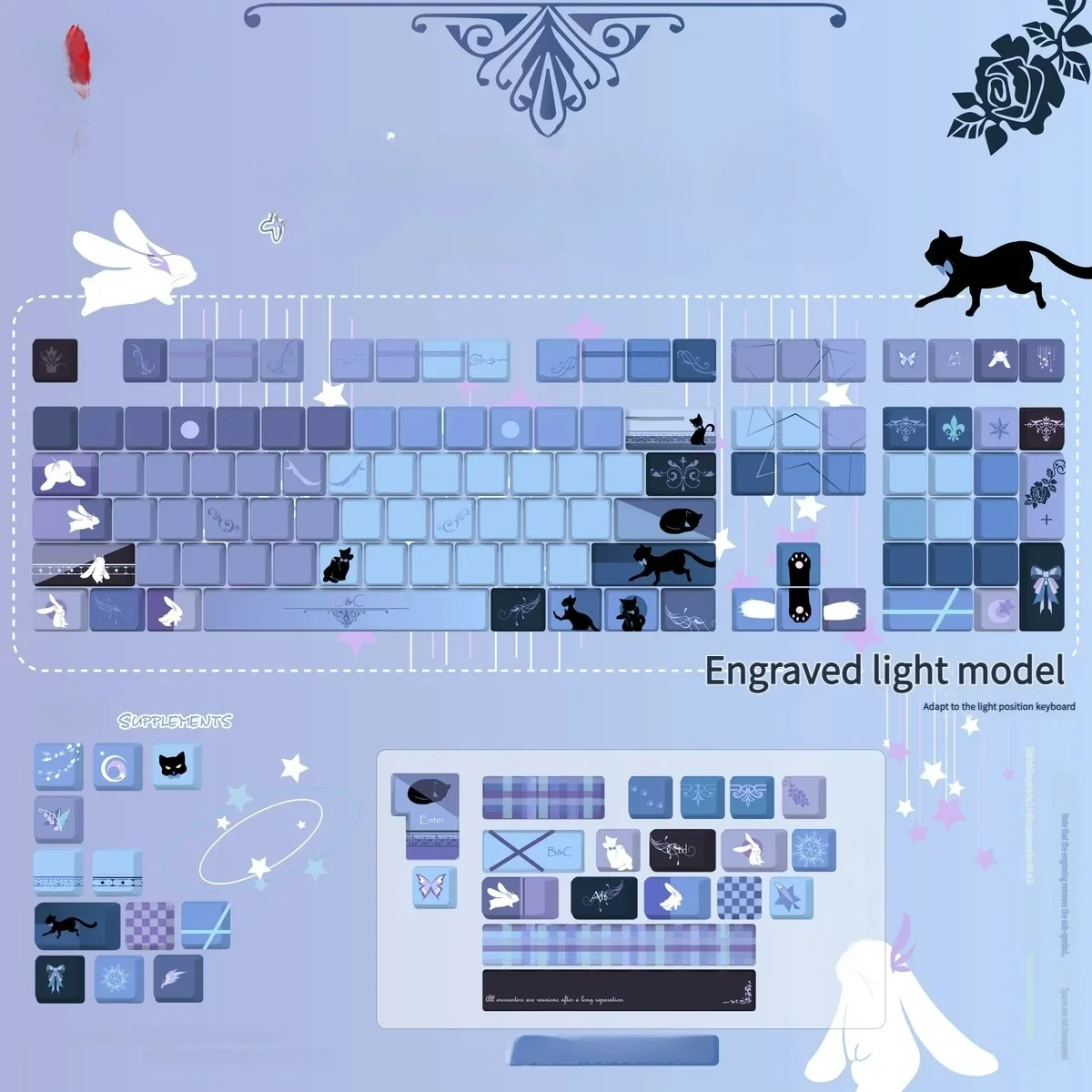 This Cherry profile small full set of Ghost Cat Moon Rabbit PBT keycaps set features mystical black and purple front-lit legends.